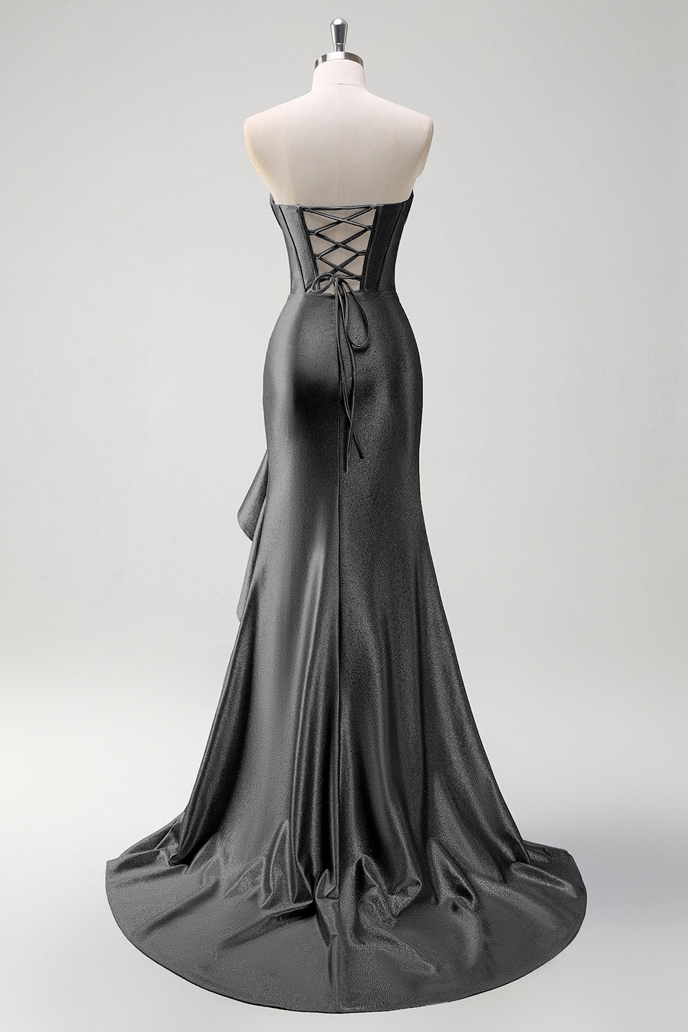 Sparkly grigio blu sirena senza spalline volant corsetto raso lungo abito da cerimonia con fessura