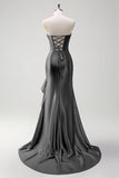 Sparkly grigio blu sirena senza spalline volant corsetto raso lungo abito da cerimonia con fessura