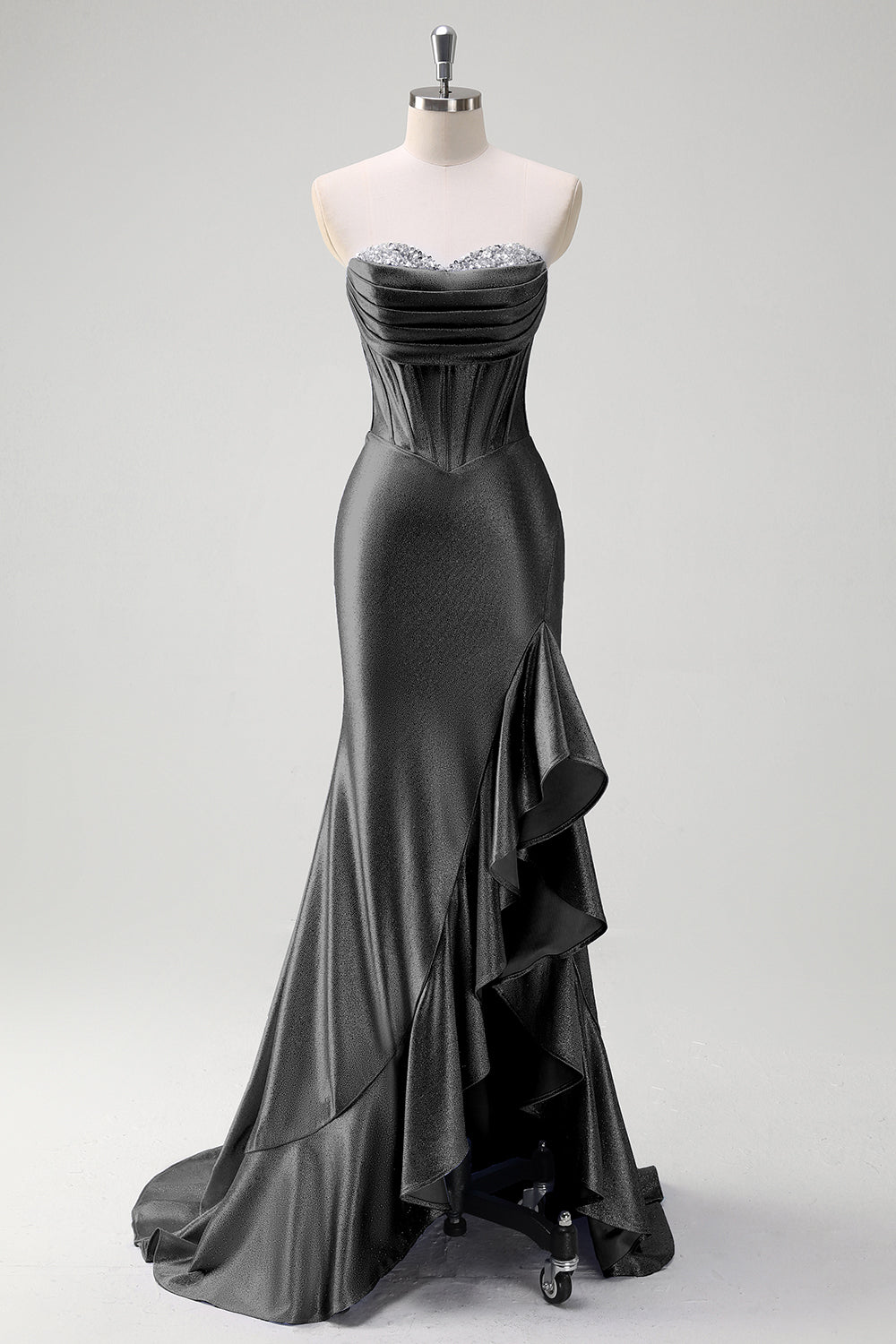 Sparkly grigio blu sirena senza spalline volant corsetto raso lungo abito da cerimonia con fessura