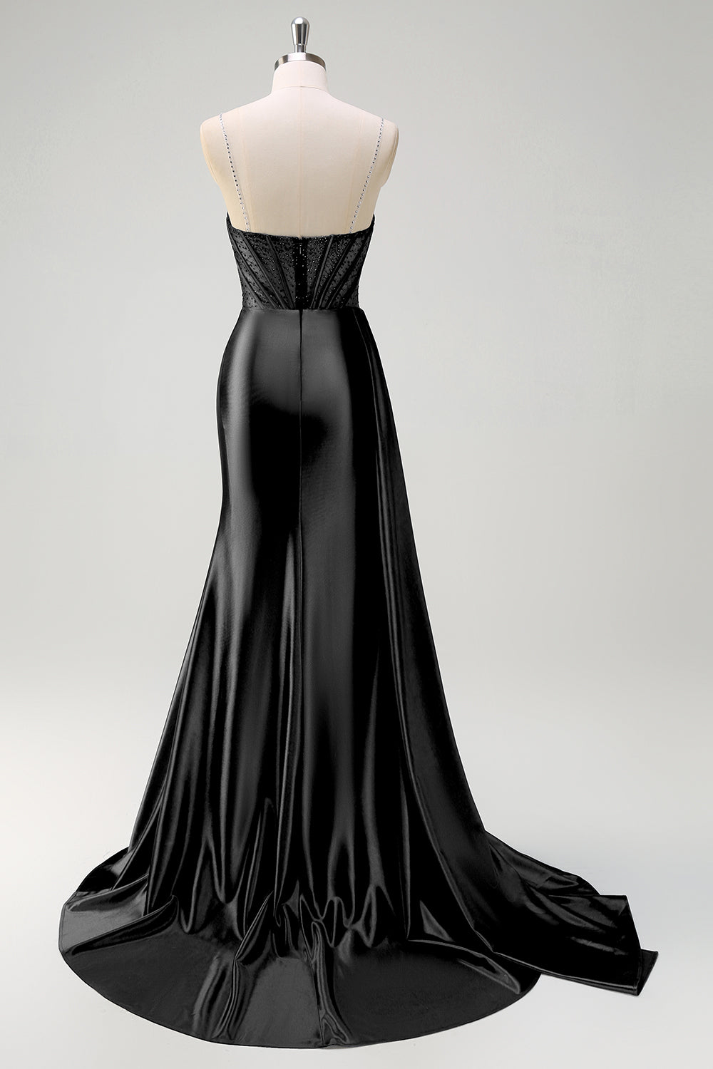 Navy Mermaid V-Neck Watteau treno corsetto perline Abito da cerimonia con fessura