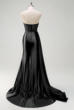 Navy Mermaid V-Neck Watteau treno corsetto perline Abito da cerimonia con fessura