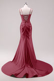 Fucsia sirena spaghetti spalline corsetto paillettes Prom Dress con fessura