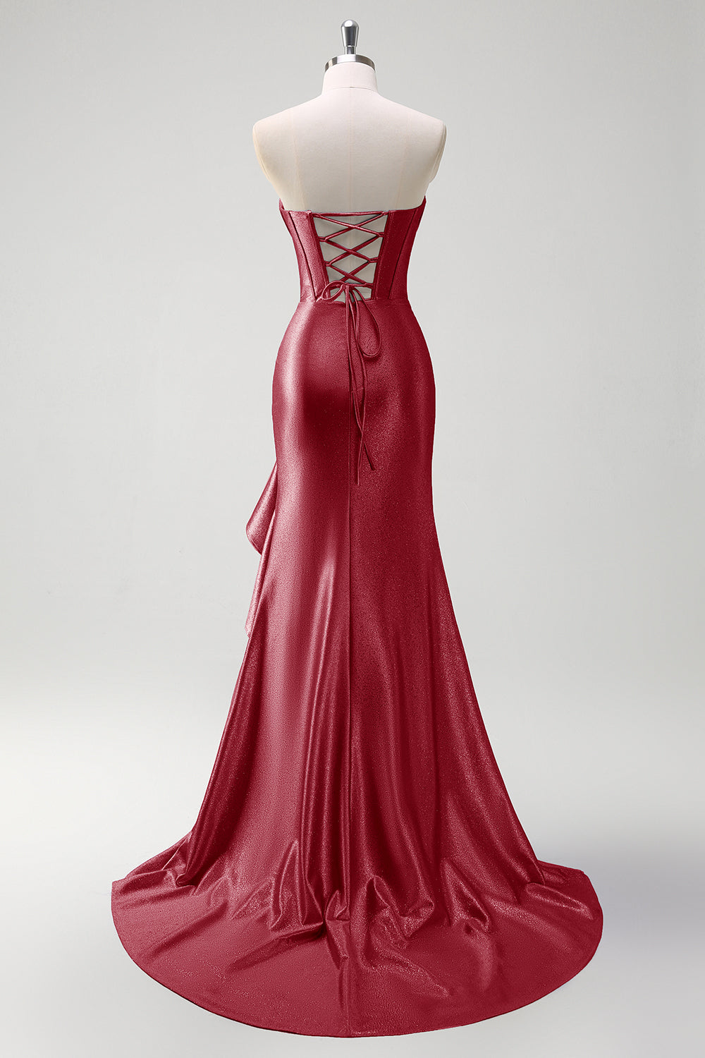 Sparkly grigio blu sirena senza spalline volant corsetto raso lungo abito da cerimonia con fessura