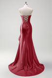 Sparkly grigio blu sirena senza spalline volant corsetto raso lungo abito da cerimonia con fessura