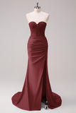 Corsetto fucsia sirena senza spalline increspato corsetto lungo abito da ballo con fessura