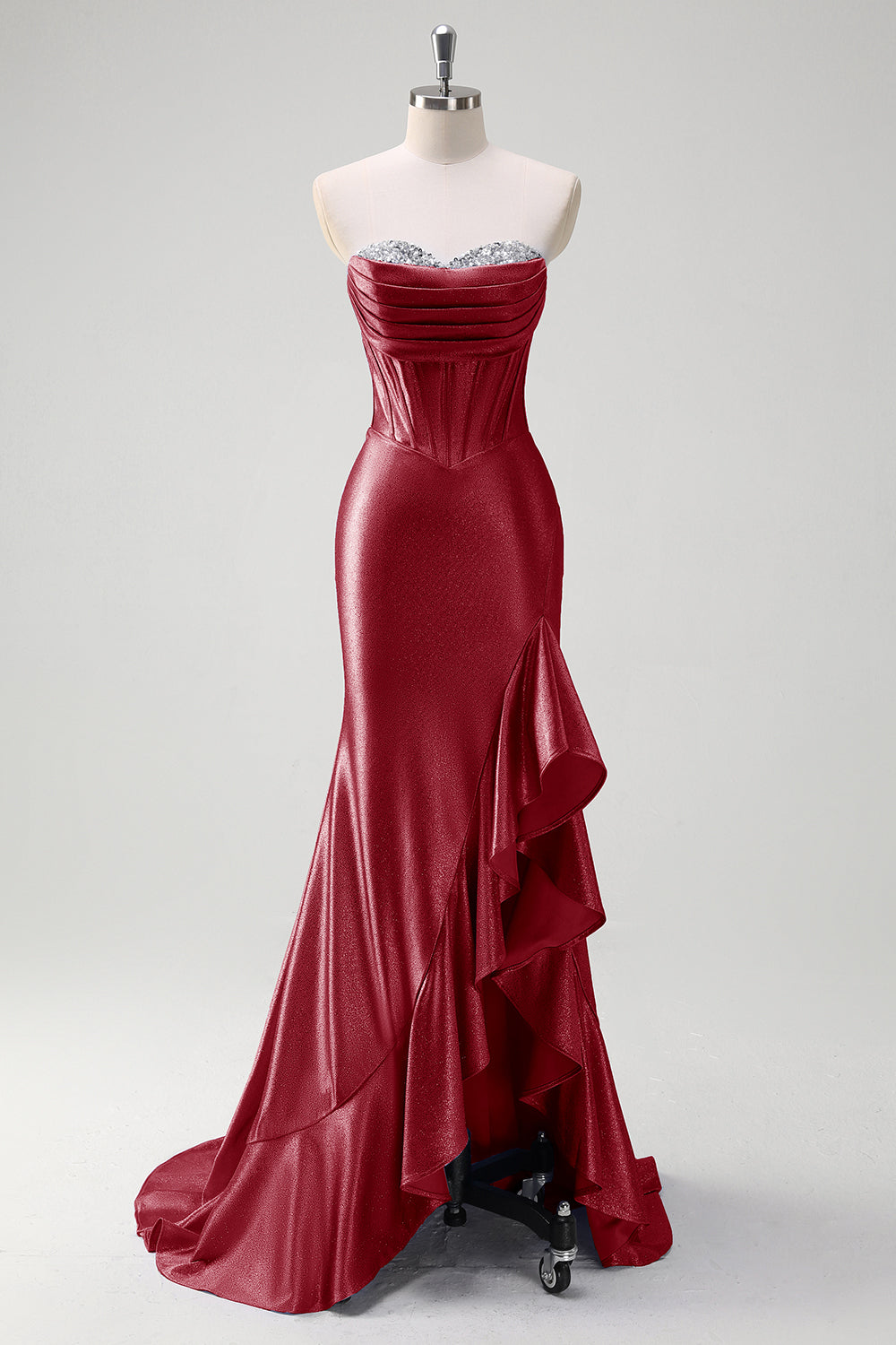 Sparkly grigio blu sirena senza spalline volant corsetto raso lungo abito da cerimonia con fessura