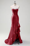 Sparkly grigio blu sirena senza spalline volant corsetto raso lungo abito da cerimonia con fessura
