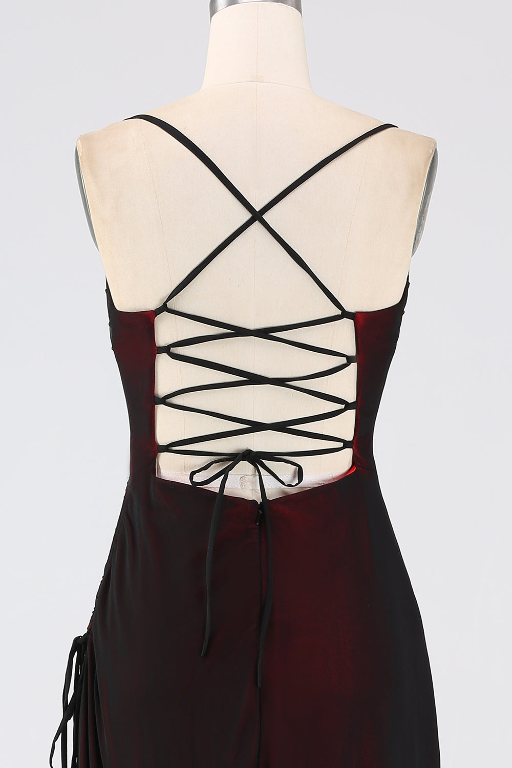 Guaina Spalline sottili Nero Rosso Piano Lunghezza Abito da damigella d'onore