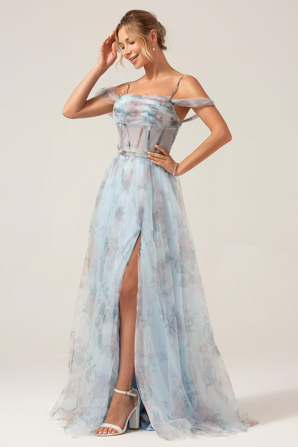 Spalla Fredda A-Line Blu Stampato Lungo Corsetto Abito Da Cerimonia Con Fessura