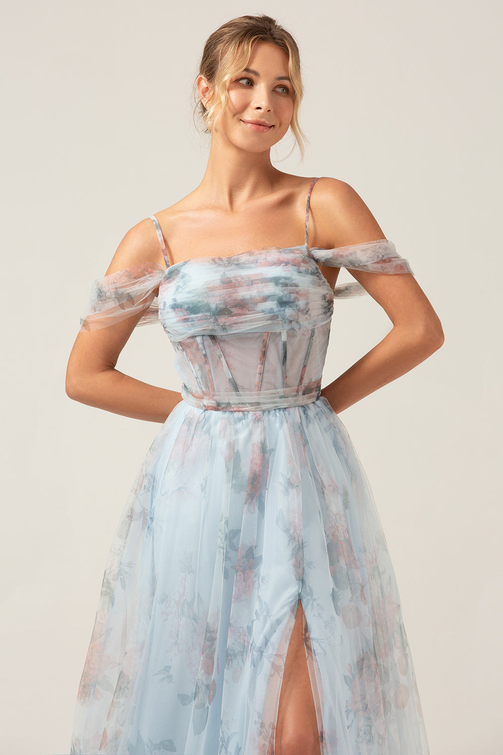 Spalla Fredda A-Line Blu Stampato Lungo Corsetto Abito Da Cerimonia Con Fessura