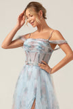 Spalla Fredda A-Line Blu Stampato Lungo Corsetto Abito Da Cerimonia Con Fessura