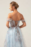 Spalla Fredda A-Line Blu Stampato Lungo Corsetto Abito Da Cerimonia Con Fessura