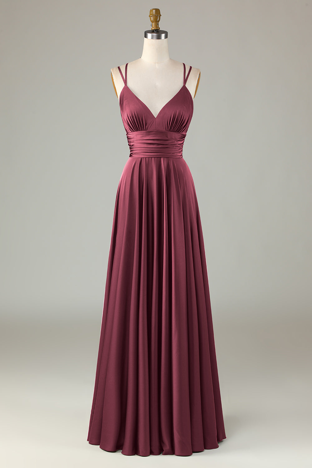 Abito da damigella d'onore lungo verde oliva senza maniche a trapezio