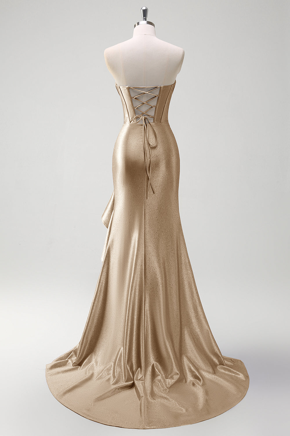 Sparkly grigio blu sirena senza spalline volant corsetto raso lungo abito da cerimonia con fessura