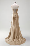 Sparkly grigio blu sirena senza spalline volant corsetto raso lungo abito da cerimonia con fessura