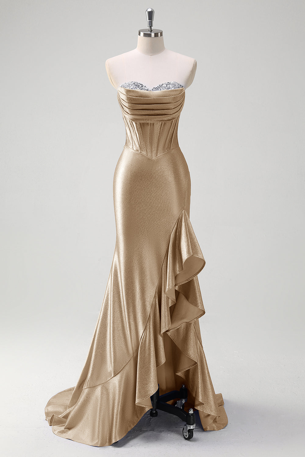 Sparkly grigio blu sirena senza spalline volant corsetto raso lungo abito da cerimonia con fessura