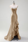 Sparkly grigio blu sirena senza spalline volant corsetto raso lungo abito da cerimonia con fessura