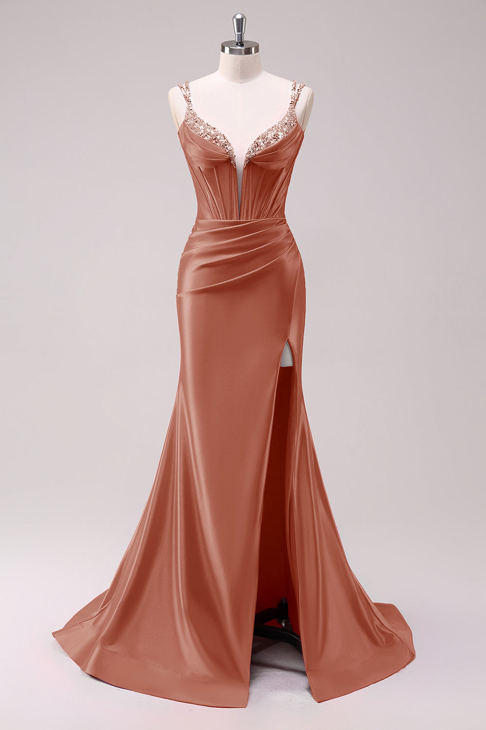 Fucsia sirena spaghetti spalline corsetto paillettes Prom Dress con fessura