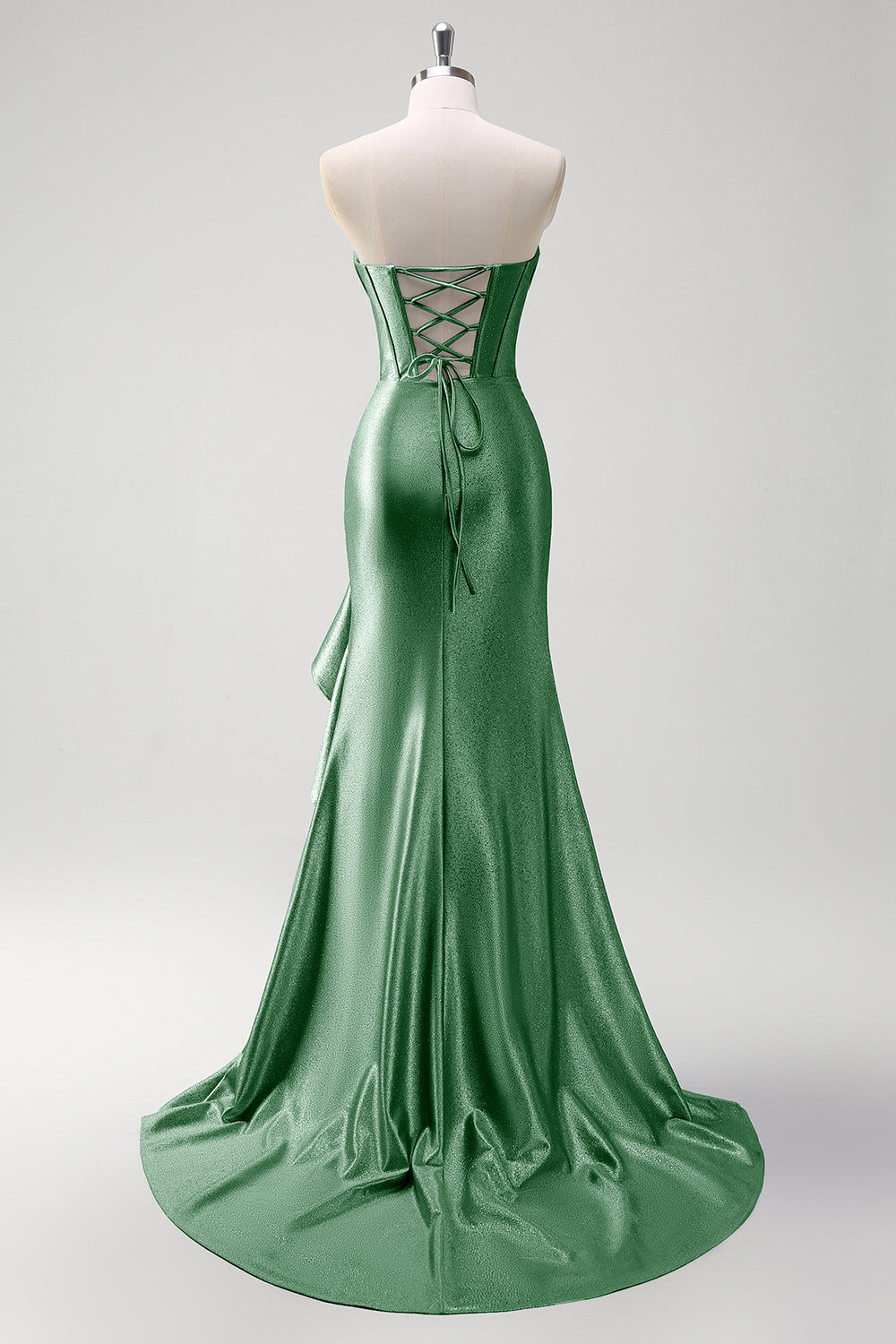 Sparkly grigio blu sirena senza spalline volant corsetto raso lungo abito da cerimonia con fessura
