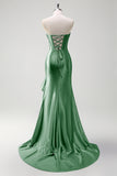 Sparkly grigio blu sirena senza spalline volant corsetto raso lungo abito da cerimonia con fessura