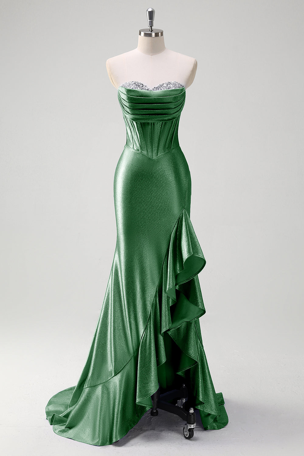 Sparkly grigio blu sirena senza spalline volant corsetto raso lungo abito da cerimonia con fessura