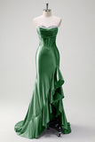 Sparkly grigio blu sirena senza spalline volant corsetto raso lungo abito da cerimonia con fessura