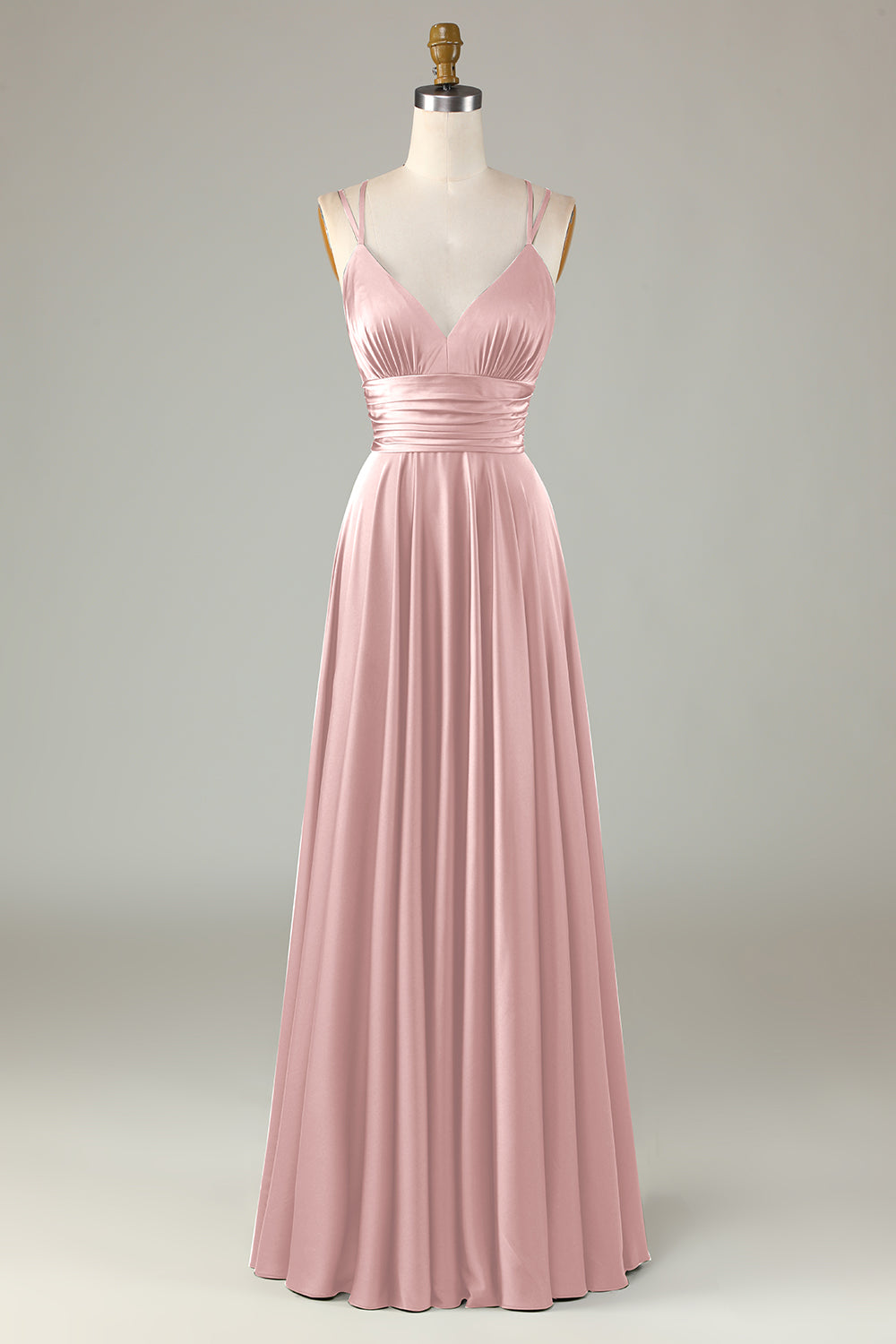 Blu polveroso Abito da damigella d'onore lungo verde senza maniche a trapezio