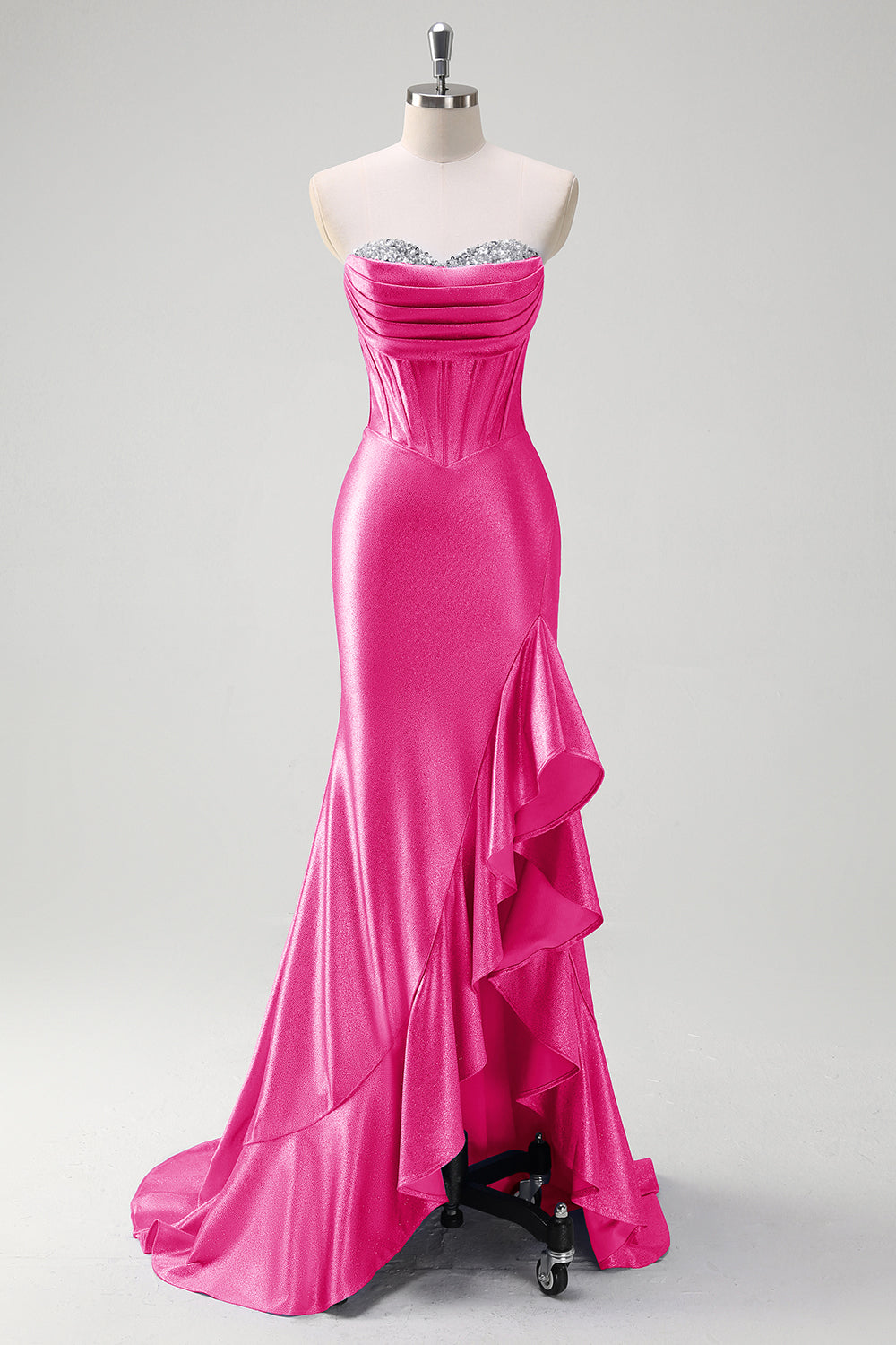 Sparkly grigio blu sirena senza spalline volant corsetto raso lungo abito da cerimonia con fessura