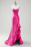 Sparkly grigio blu sirena senza spalline volant corsetto raso lungo abito da cerimonia con fessura