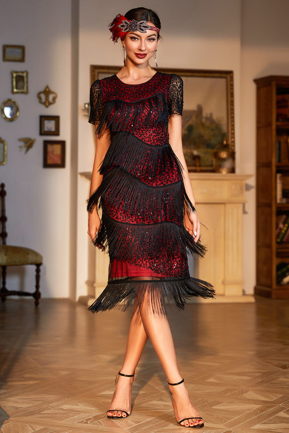 Abito flapper con frange Gatsby con perline nero rosse