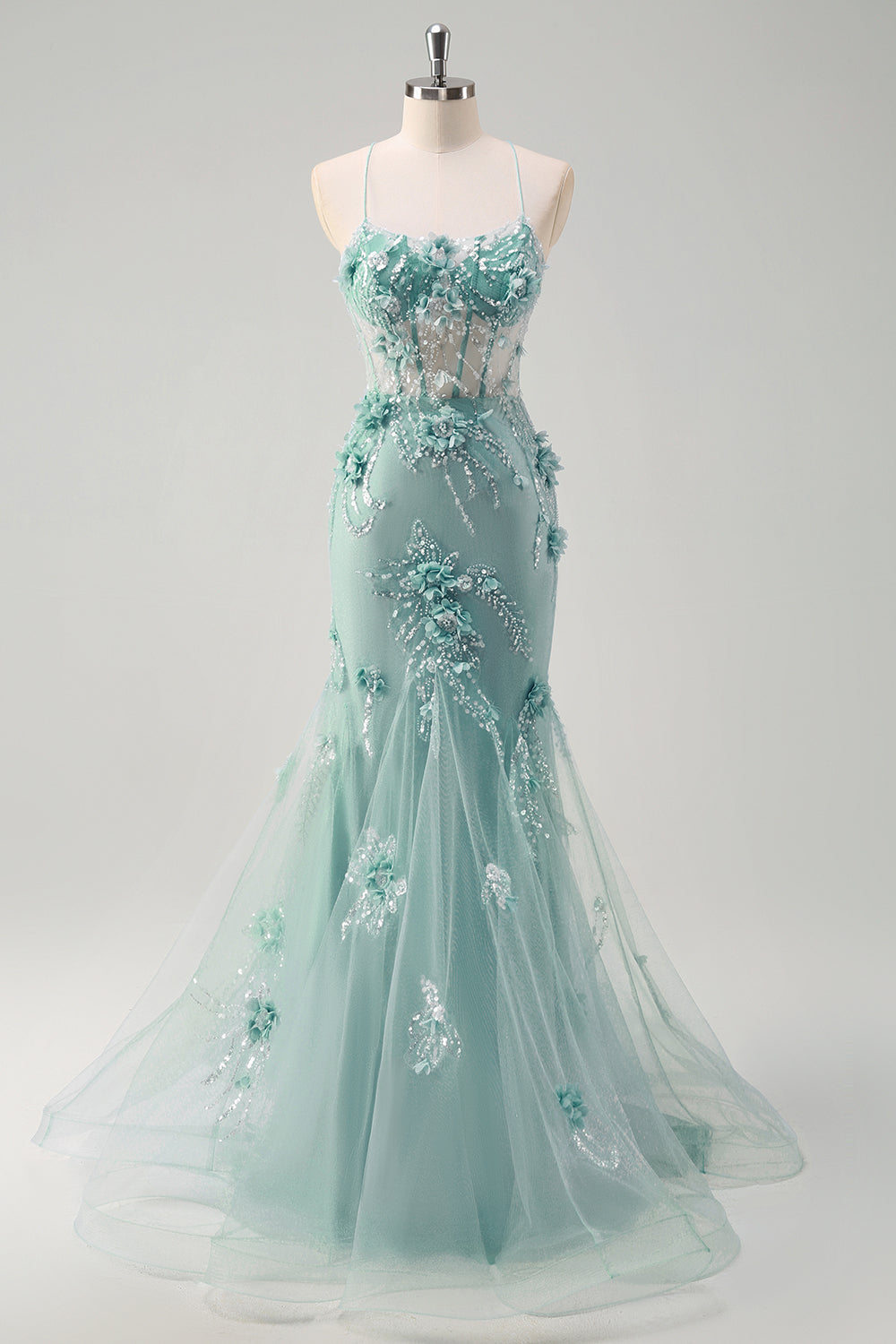 Blu sirena spaghetti spalline tulle corsetto lungo abito da ballo con fiori 3D