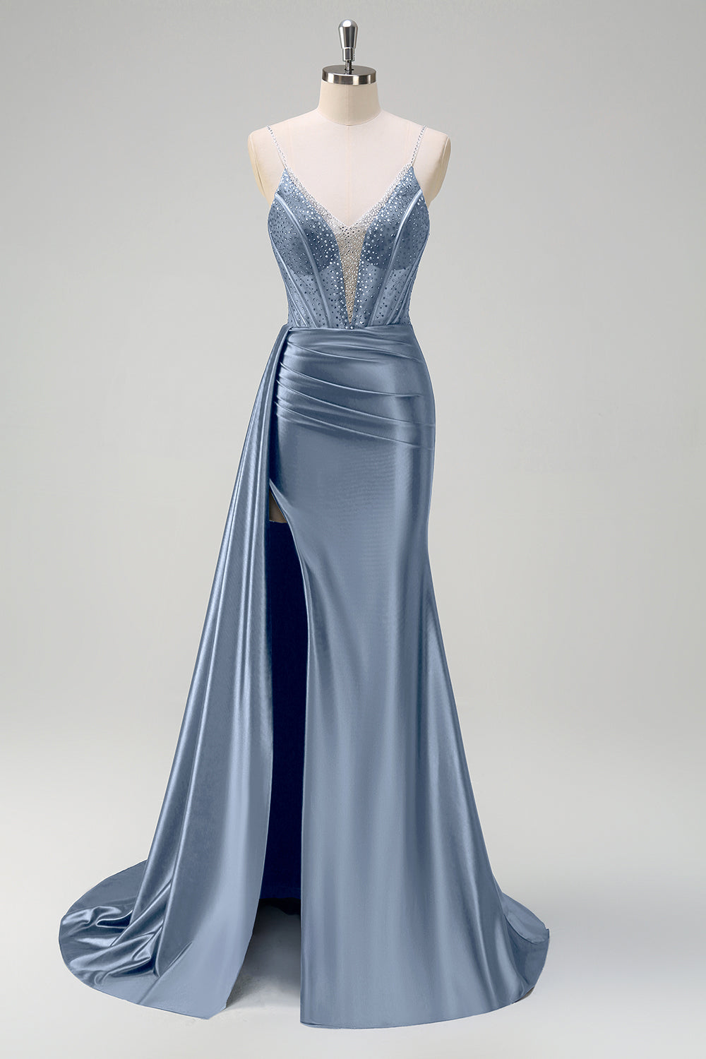 Navy Mermaid V-Neck Watteau treno corsetto perline Abito da cerimonia con fessura