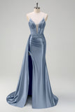 Navy Mermaid V-Neck Watteau treno corsetto perline Abito da cerimonia con fessura