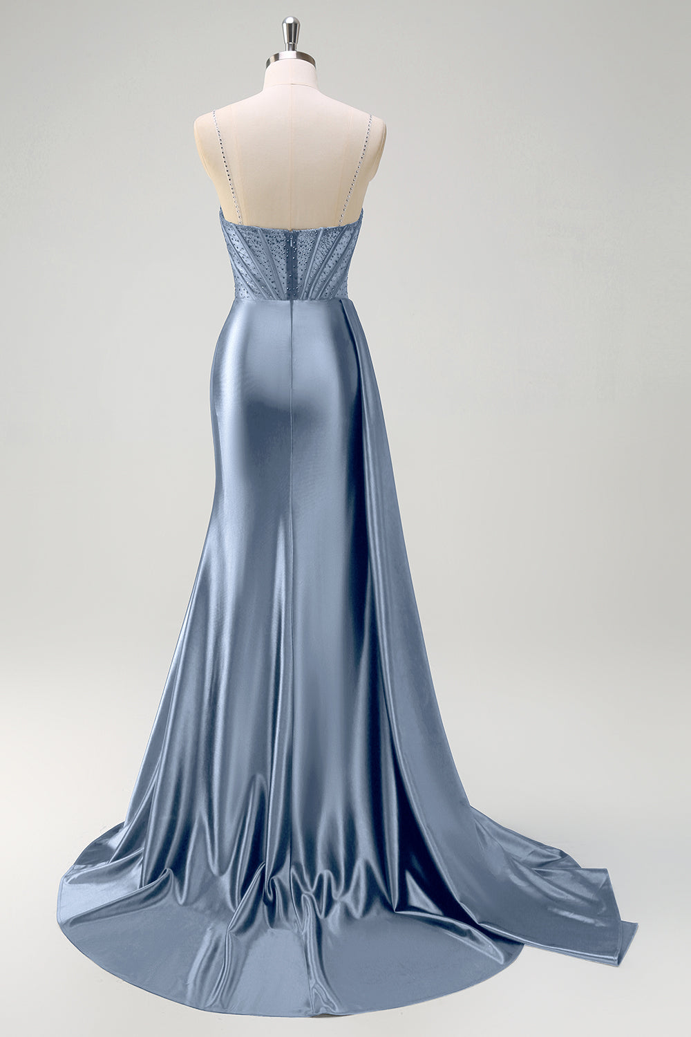 Navy Mermaid V-Neck Watteau treno corsetto perline Abito da cerimonia con fessura