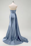 Navy Mermaid V-Neck Watteau treno corsetto perline Abito da cerimonia con fessura