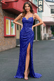 Scintillante azzurro sirena paillettes Abito da cerimonia con fessura