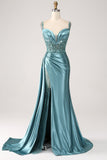 Champagne sirena Watteau treno corsetto paillettes raso Abito da cerimonia con fessura
