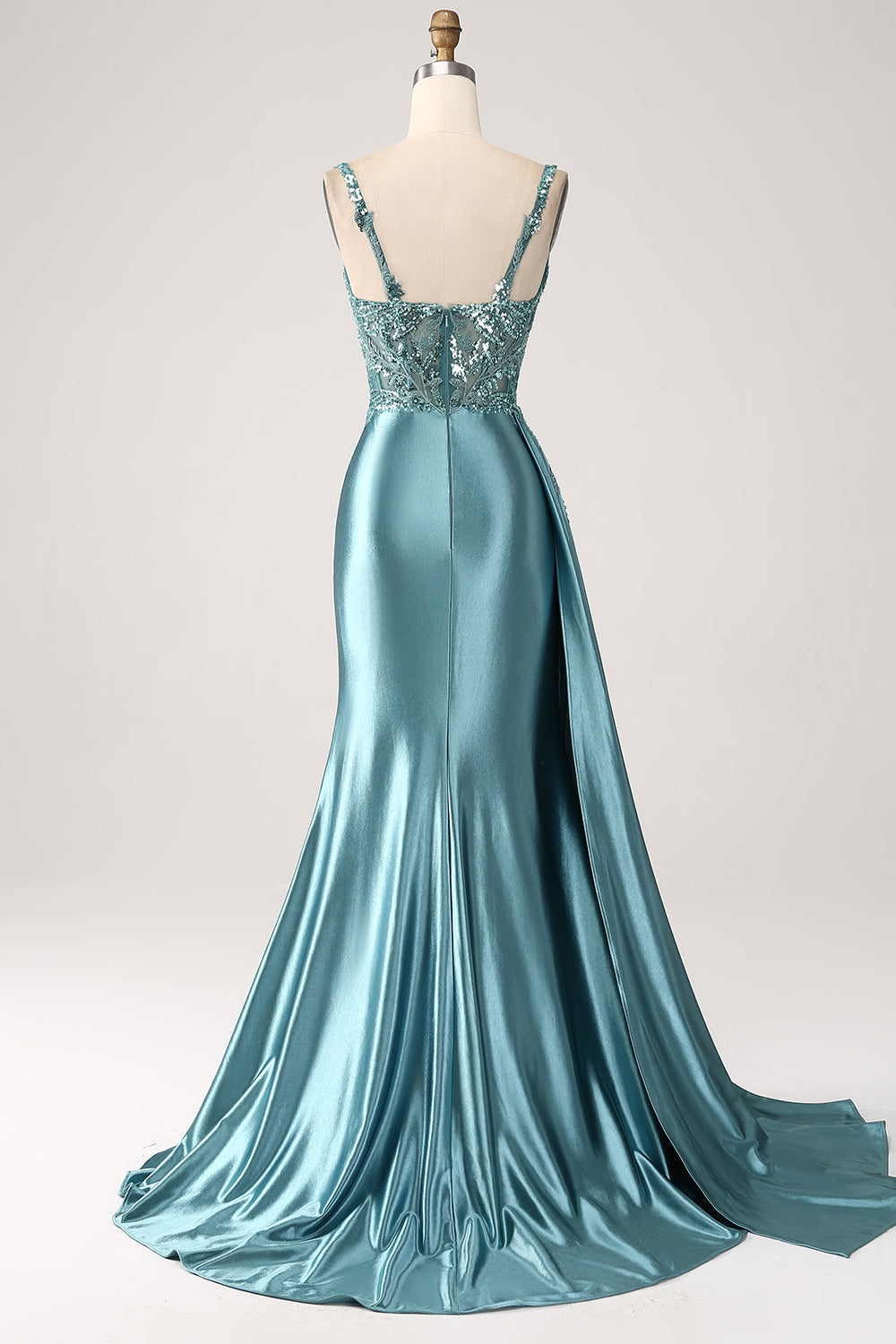 Champagne sirena Watteau treno corsetto paillettes raso Abito da cerimonia con fessura