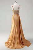 Champagne sirena Watteau treno corsetto paillettes raso Abito da cerimonia con fessura