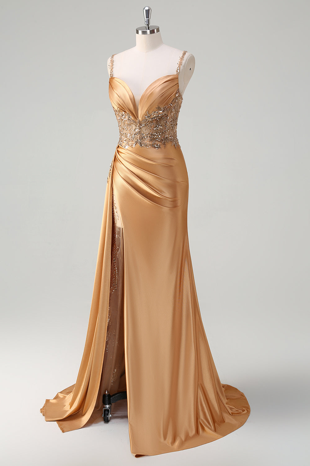 Champagne sirena Watteau treno corsetto paillettes raso Abito da cerimonia con fessura