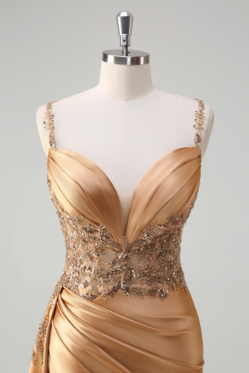 Champagne sirena Watteau treno corsetto paillettes raso Abito da cerimonia con fessura