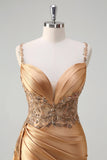 Champagne sirena Watteau treno corsetto paillettes raso Abito da cerimonia con fessura
