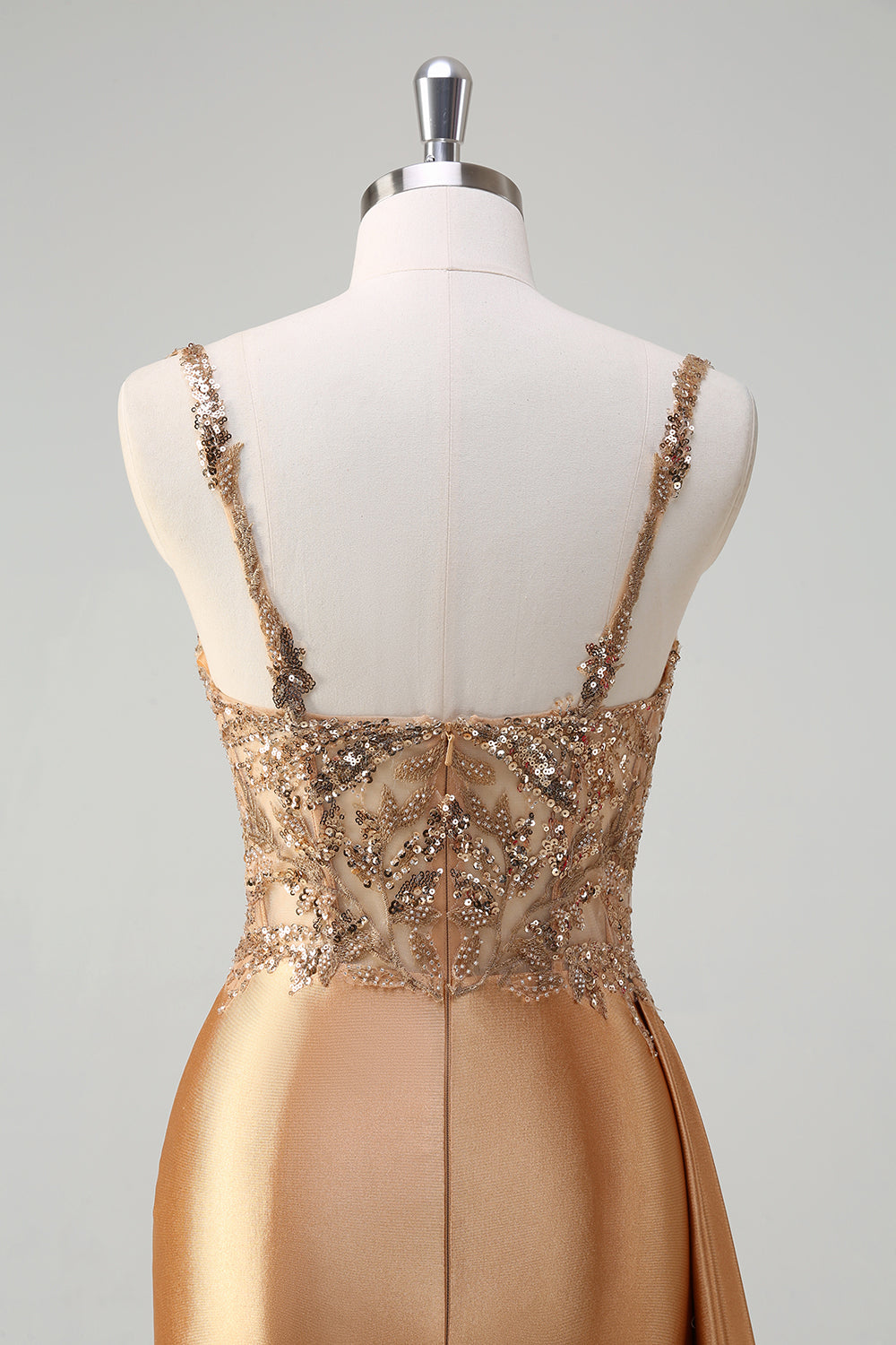 Champagne sirena Watteau treno corsetto paillettes raso Abito da cerimonia con fessura
