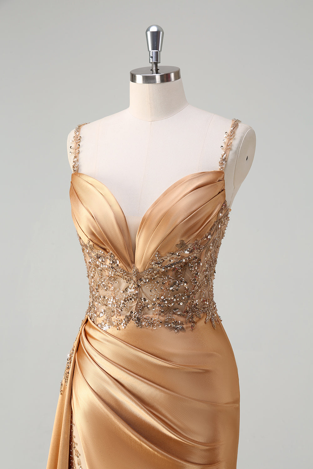 Champagne sirena Watteau treno corsetto paillettes raso Abito da cerimonia con fessura