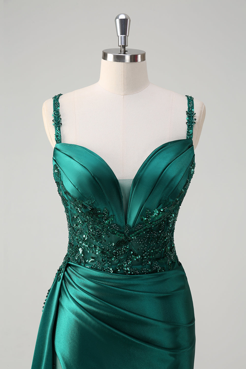 Champagne sirena Watteau treno corsetto paillettes raso Abito da cerimonia con fessura