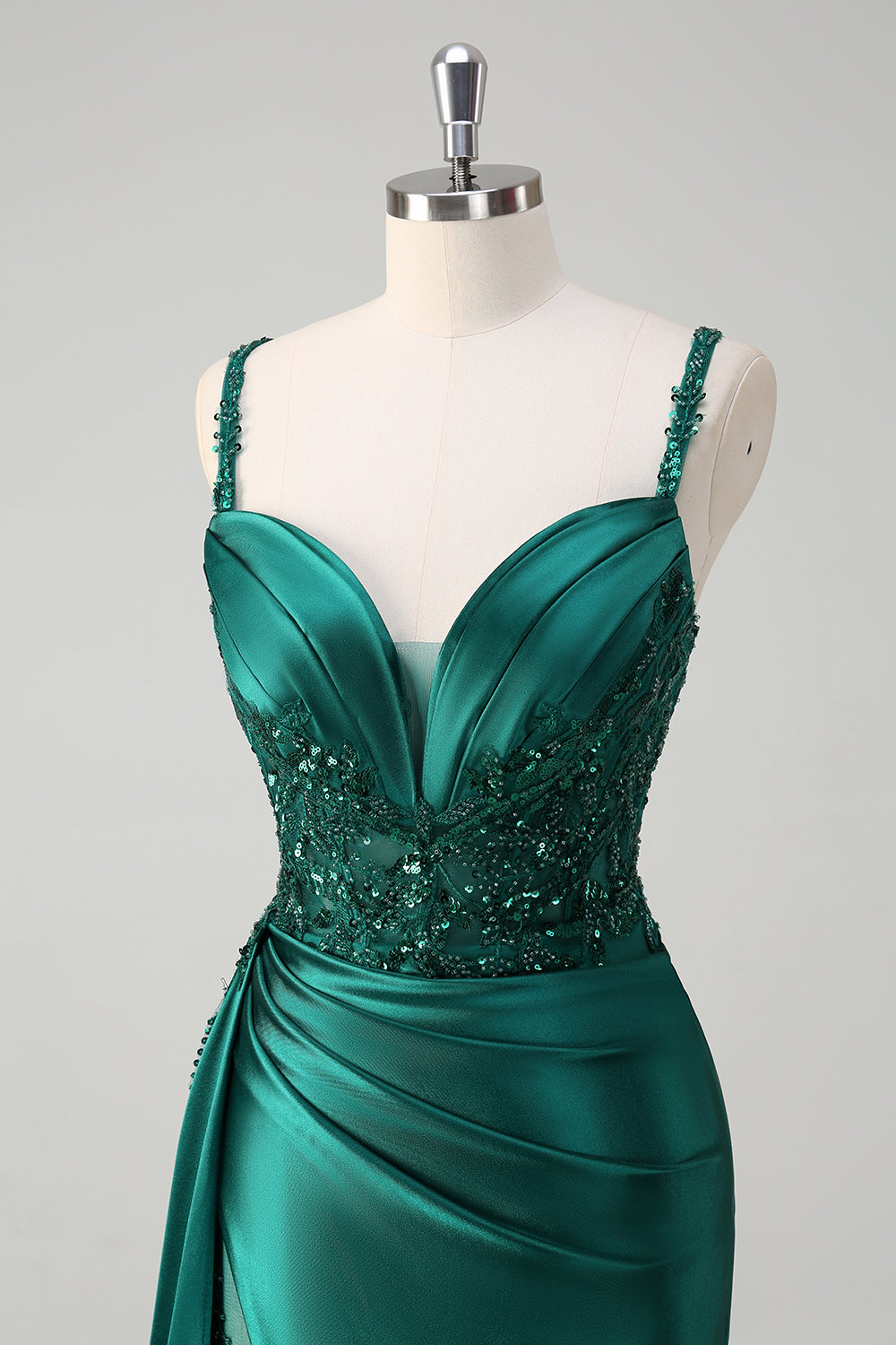 Champagne sirena Watteau treno corsetto paillettes raso Abito da cerimonia con fessura