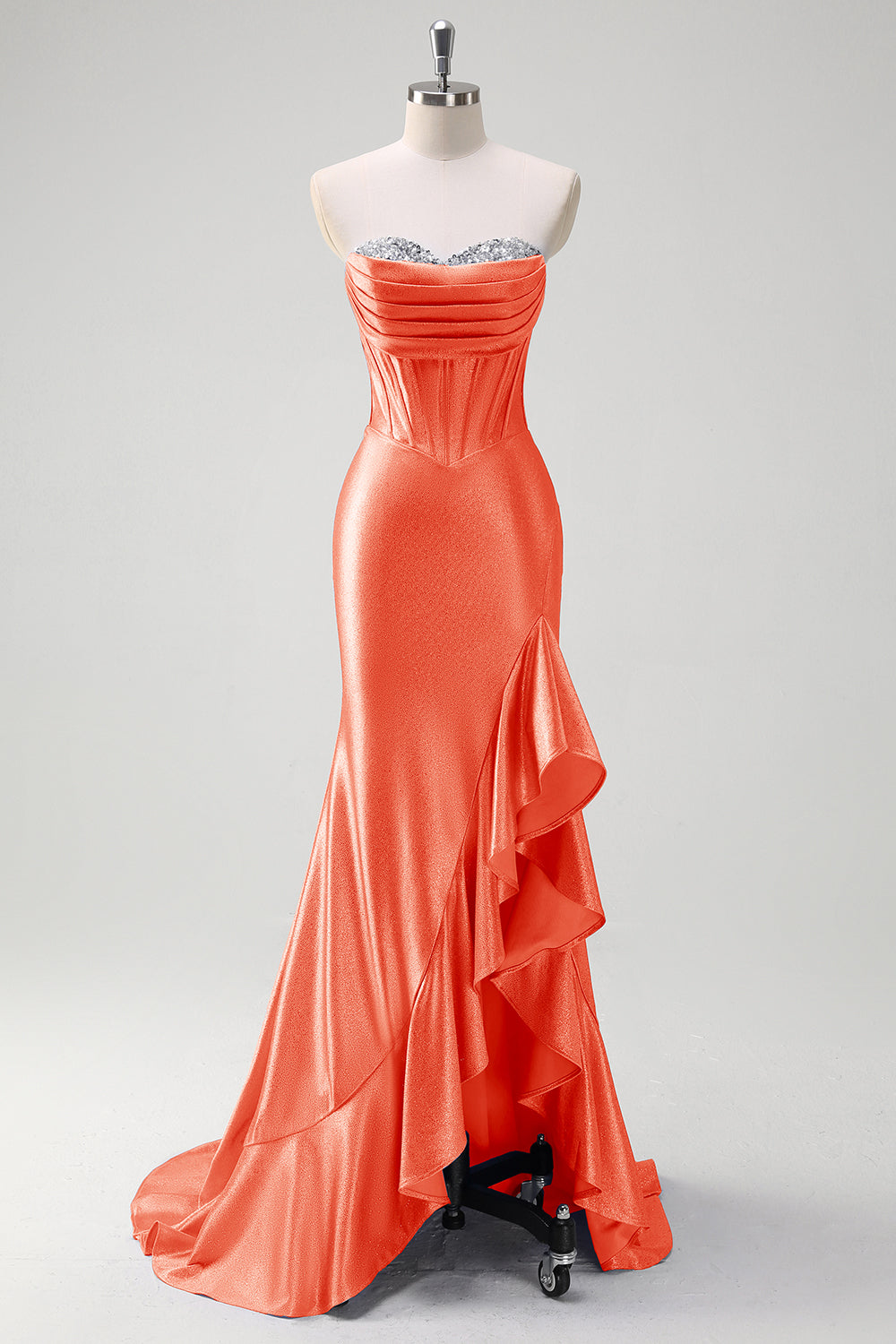 Sparkly grigio blu sirena senza spalline volant corsetto raso lungo abito da cerimonia con fessura