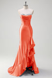 Sparkly grigio blu sirena senza spalline volant corsetto raso lungo abito da cerimonia con fessura