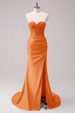 Corsetto fucsia sirena senza spalline increspato corsetto lungo abito da ballo con fessura