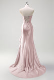 Sparkly grigio blu sirena senza spalline volant corsetto raso lungo abito da cerimonia con fessura